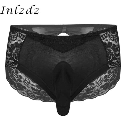 Mens Sissy Briefs Underpants Floral Lace Patchwork Underwear Elastic Waistband Bulge Pouch Underpants Thong Nightwear Sleepwear