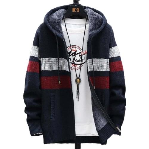 FALIZA Mens Striped Sweater Coat Thick Fleece Warm Zipper Wool Hooded Cardigan Jumpers Men Long Sleeve Knitted Sweaters XY110