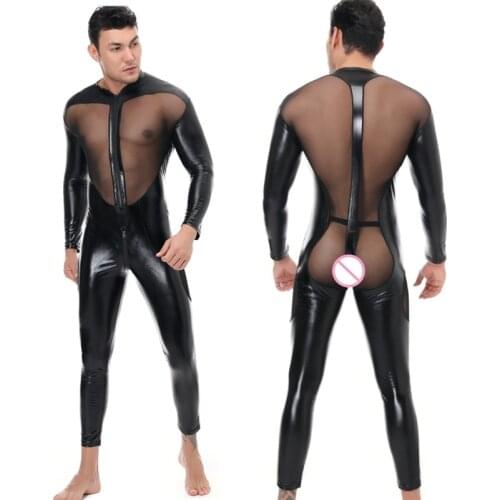 Men sexy wetlook faux leather mesh see-through catsuit zipper open crotch tight PVC bodysuit male fetish hot erotic lingerie