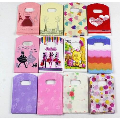 50pcs/lot Multi Pattern Available Small Plastic Bag With Heart Handle Plastic Gift Bag Mini Jewelry Packaging Bag Pouch