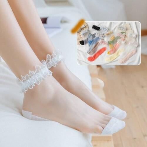 2 pairs/socks women summer thin style lace flower edge card silk pure color Japanese fiberglass cotton socks women ship socks wh
