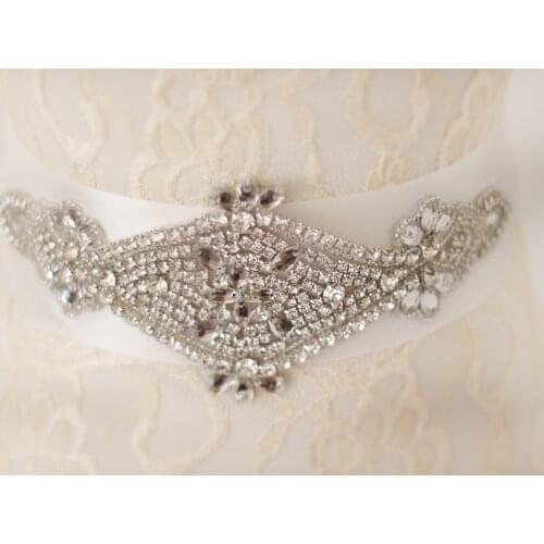 New Elegant Motif Rhinestone Shiny Crystal Beautiful Cheap Bridal Wedding Dress Belts and Sash With Ribbon