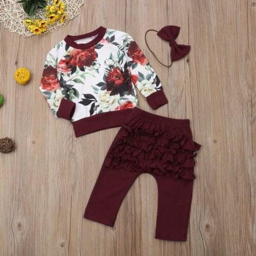 Newborn Infant Baby Girls Autumn Clothing 2020 Clothes Sets Floral Long Sleeve Pullover Sweatshirt Tops+Ruffles Pants+Headband