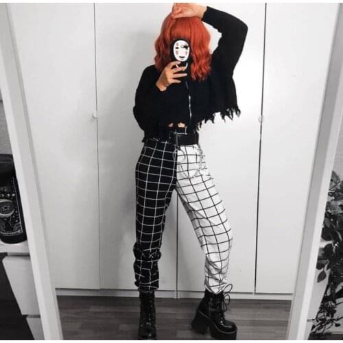 Hight Waist Straight Loose Long Trousers Streetwear Cool Girls Black and White Checkerboard Patchwork Trousers Cargo Pants