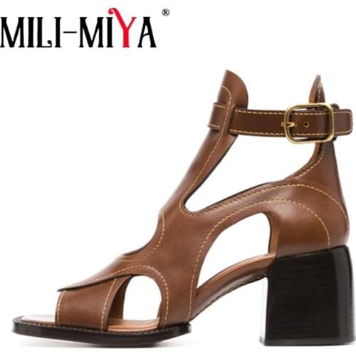 MILI-MIYA British Style Gladiator Sandals Summer Breathable Cutouts Outdoor Elegant Block High Heels Solid Color Leisure Shoes