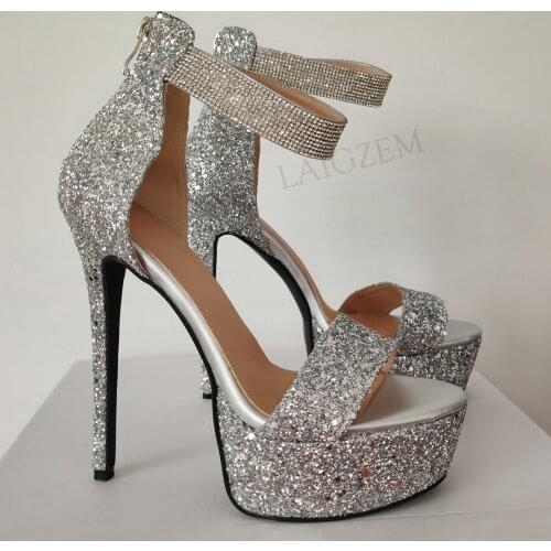 SEIIHEM Bling Women Platform Sandals Back Zip Glitter Toe Stiletto Heels Sapato Wedding Prom Shoes Women Plus Size 41 46 50 52