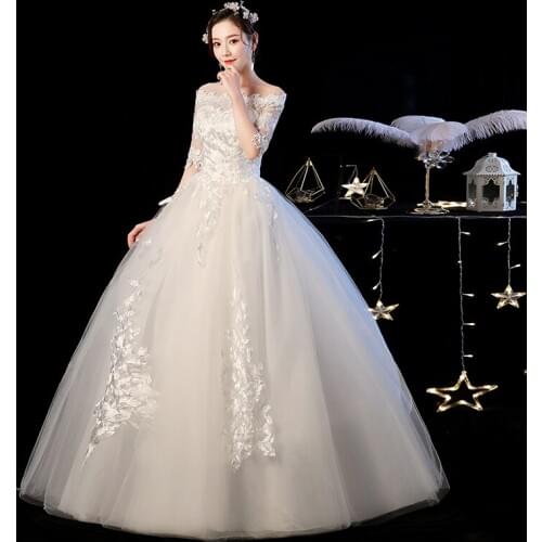 Wedding Dress 2019 New Brides Ball Gown Lace Up Wedding Dresses Simple Princess Boat Neck Dresses
