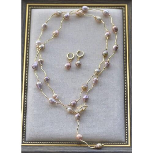 Z10967 43" 12mm Peacock-Lavender Drop Edison Keshi Pearl Necklace Earring CZ