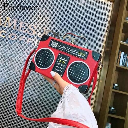 Pooflower Girls Funny Radio Shape Bags New Designer Panelled Crossbody Bag Women Pu Leather Shoulder Bag Box Handbag sac ZH416