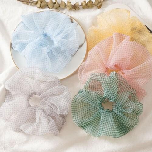 Women Summer Oversize Large Scrunchies Plaid Pattern Cute Adorable Fluffy Scranchis Big Organza Hair Bands Tule