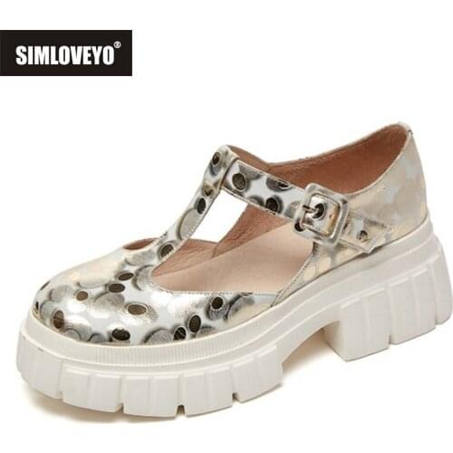 SIMLOVEYO 2021 Platforms T Strap Print Women Shoes Genuine Leather Spring Autumn Ladies Pumps Round Toe Fastener 6.5cm High Heel