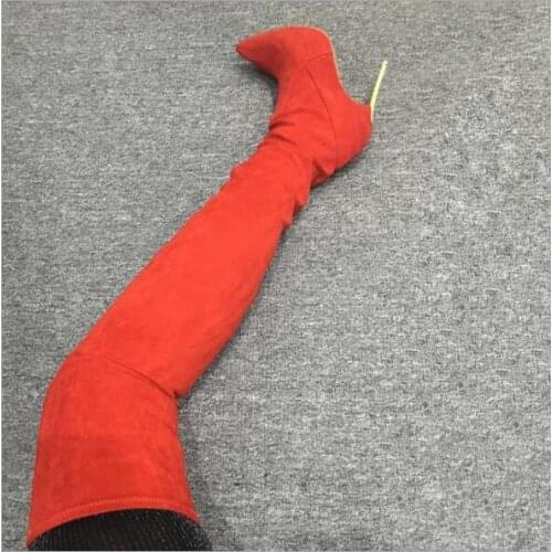 Dipsloot Woman Black Red Suede Iron Heels Over The Knee Boots Female Sexy Pointed Toe Slip On Elastic Thigh Long Boots Big Size