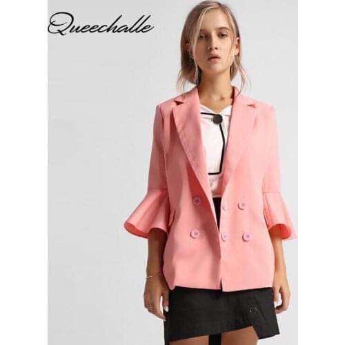 Pink color women blazer Spring Autumn Flare sleeve casual suit jacket coat for female Office Lady slim workwear