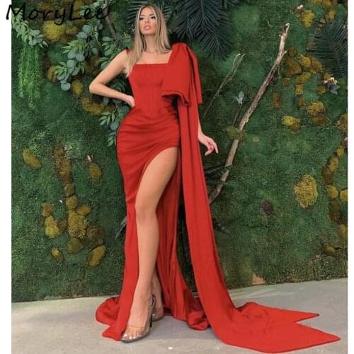 Red Prom Dresses Sexy Square Neck Side Slit Spandex Satin Mermaid Prom Dresses With Zipper Back vestidos de fiesta de noche