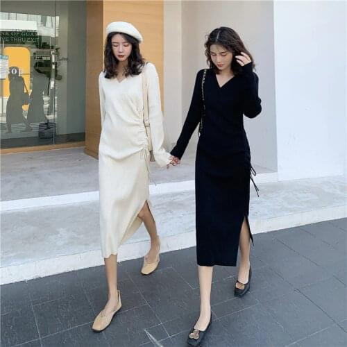 Women Maxi Dress Sweater Dress V-neck Drawstring Slit Knit Long Dresses 2019 Winter Fashion Party Dresses