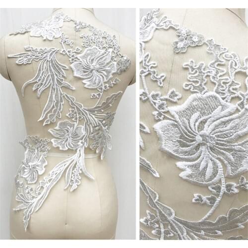 1Pc Ivory Polyester Silver Thread Embroidered Lace Flower Wedding Dress Back Diy Flower Applique Wedding Material 53X35cm BD0475