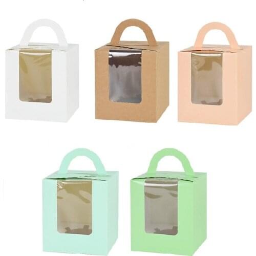 5Pcs Transparent Window Portable Paper Cupcake Box For Wedding Birthday Party Decor DIY Dessert Supply Solid Color Cake Package