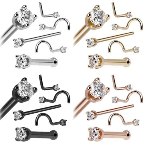 6PCS Stainless Steel Zircon Gem Bone Nose Stud Piercing Earring Hooks Bar Pin Nose Rings CZ Prong Nose body Piercing Jewelry