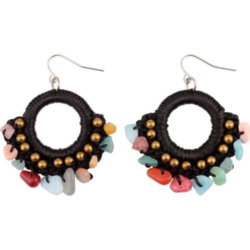 Gold Color Bead Black Rope Thread Drop Colorful Stone Earrings for Women Florate Brand Handmade Dangle Statement Earrings