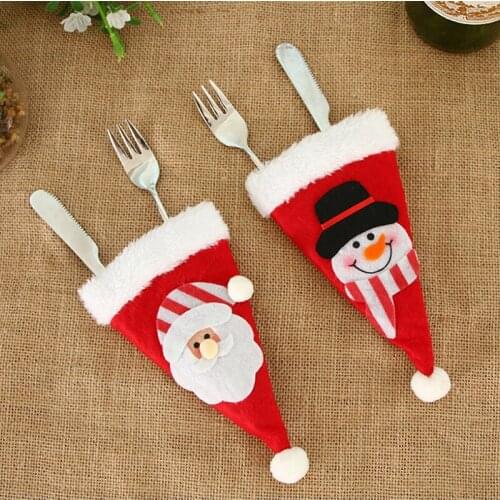 2pcs Cute Cartoon Santa Claus Snowman Xmas Cap Shape Christmas Knife Fork Bag Covers Home New Year Party Dinner Table Decor