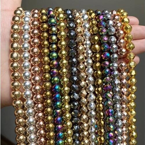 Natural Stone Black Rose Gold Silver color Rainbow Hematite Beads 4 6 8 10 12MM 15" Per Strands For Jewelry Making Diy Bracelet