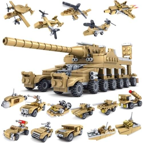 HUIQIBAO 544PCS 16in1 Military Tank Building Blocks Super Vehicle Plane Truck Car Ship Army Bricks Educational Toys For Children
