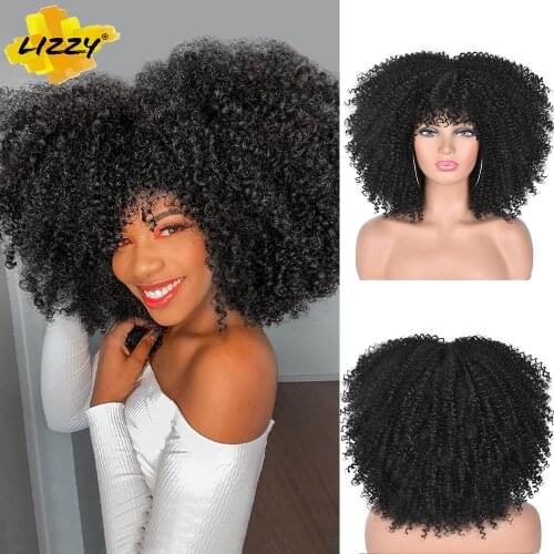14"Short Afro Kinky Curly Wigs With Bangs For Black Women Blonde Mixed Brown Synthetic Cosplay African Wigs Heat Resistant Lizzy