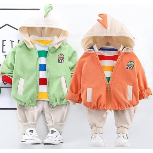 New style baby boy clothes cotton baby suit striped cartoon dinosaur print zipper clothing hooded suit 3pcs baby boy clothes