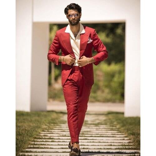 Costume Homme Red Mens Suits Slim Fit Two Button Fashion Groom Wedding Tuxedos Best Man Prom Blazer Suit 2 Pieces Jacket+Pant