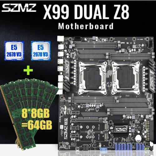 SZMZ X99 Dual CPU Socket LGA2011-3 Motherboard Set With 2*E5 2678V3 And 8*8gb DDR4 2400MHZ ECC REG RAM Support Mining Chia Coins