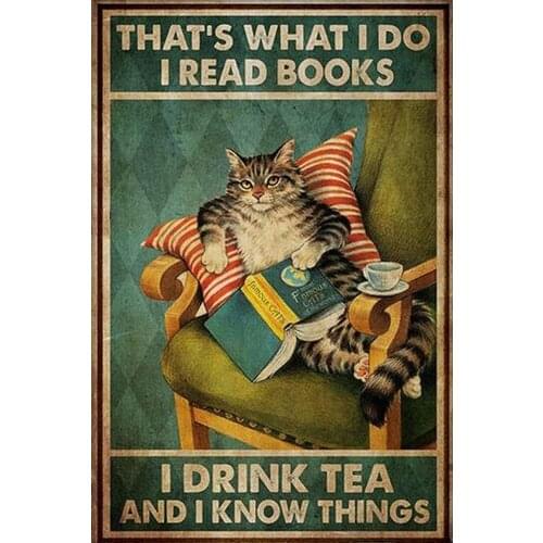 A Cat Lying Down Reading A Book and Drinking Tea Retro Metal Tin Sign Vintage Sign for Home Coffee Wall Decoration 8x12 Inches