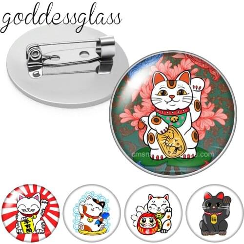 Cute Lovely Lucky cat Maneki Neko cats Round Glass cabochon Brooch Dome Photo Jewelry Brooches Pin For Gift