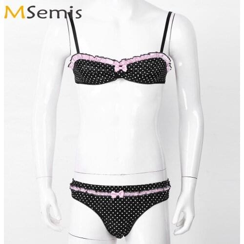 Men Cute Polka Dot Lingerie Set Exotic Sissy Ruffled Satin Nightwear Adjustable Spaghetti Strap Bikini Bra with Briefs Underwear