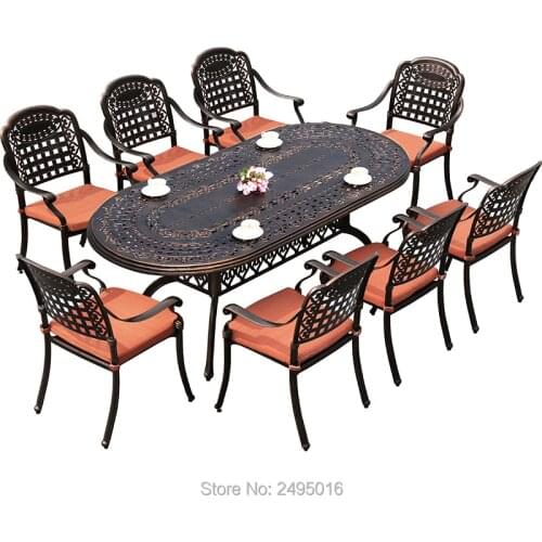 Set of 9 piece outdoor furniture dining set solid-cast oval table set with 8 chairs rust-resistant bronze