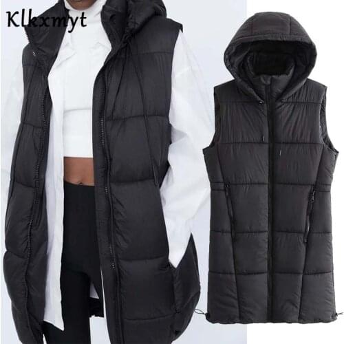 Klkxmyt Autumn Winter Za Vest Women Waistcoat 2020 Fashion Ladies Sleeveless Pocket Parka Jacket Hooded Warm Long Vest Coat