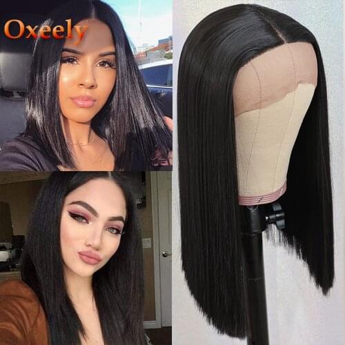 Oxeely Short Bob Lace Front Wigs Glueless Natural Black Straight Bob Wig Heat Resistant Synthetic Lace Front Wigs for Women
