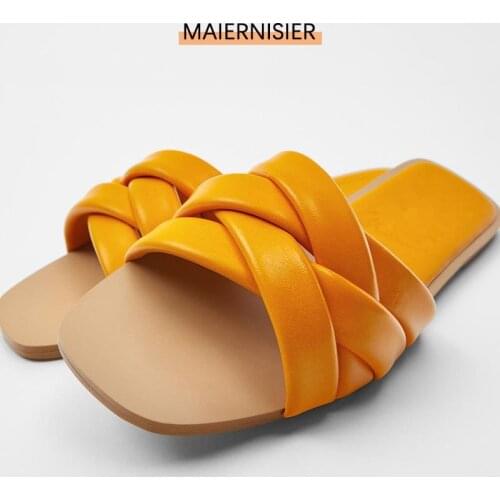 2021 Summer New WomenS Shoes Orange Square Head Cross Strap Flat Sheep Leather Sandals Women