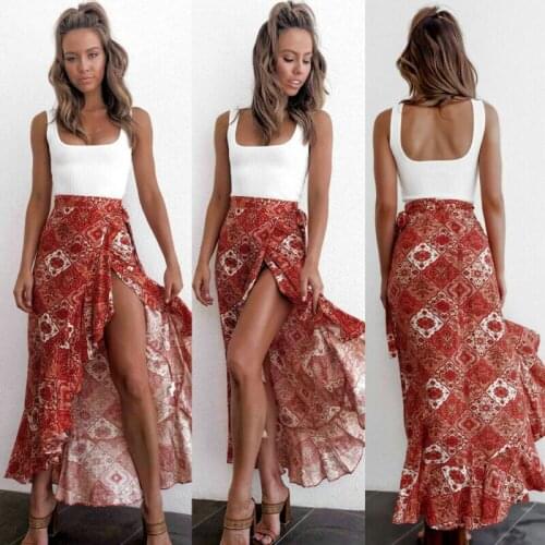 Falda de mujer Womens Retro Boho Floral Print Tied Waist Sarong Maxi Wrap Beach Party Ruffled Trim Spilt Long Skirts Saia