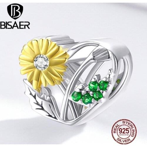BISAER Daisy Flower Heart Beads 925 Sterling Silver Hollow CZ Yellow Enamel Charm Fit Bracelet Necklace Jewelry Making EFC284