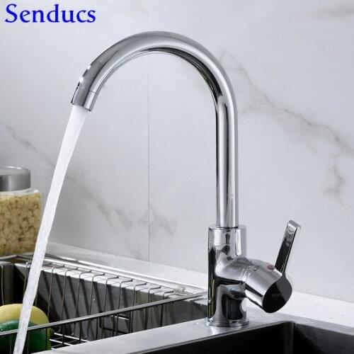 Senducs Brass Kitchen Faucet Deck Mounted Kitchen Sink Faucet Luxury Leadfree Hot Cold Water Tap Single Handle Kitchen Taps