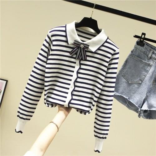 Spring Autumn Knitted Sweater Shirt Womens Long Sleeve Loose Outwear Striped Jacket Femme Lady Lapel All-match Tops Knitwear