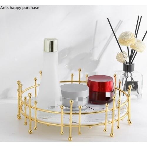 Iron Art Marbling Ceramic Tray Round Decorative Storage Rack Jewelry Cosmetics Shelf Home Decoration Organize Disk Storage Tray
