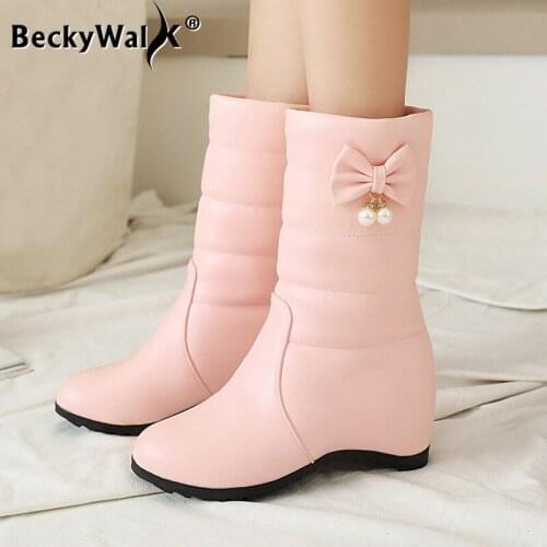 Winter Leather Boots Shoes Bowknot Ladies Women Warm Mid-calf Snow Boots Wedges High Heels Boots Zapatos De Mujer Botas WSH3740