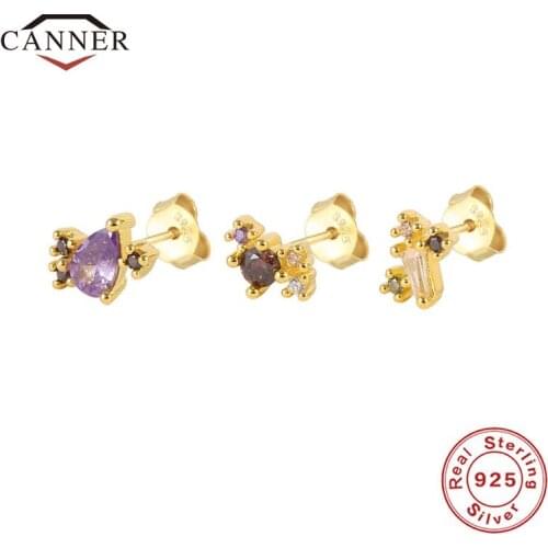 CANNER 3pcs/set 925 Sterling Silver Colored Cubic Zirconia Piercing Stud Earrings Cartilage Women Earring Jewelry Accessories