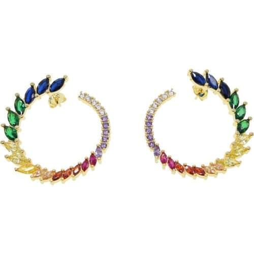 2021 Women Luxury Fashion Gold Colors Rainbow Colorful CZ Round Circle Big Geometry Simpe Trendy Stud Earring Jewelry