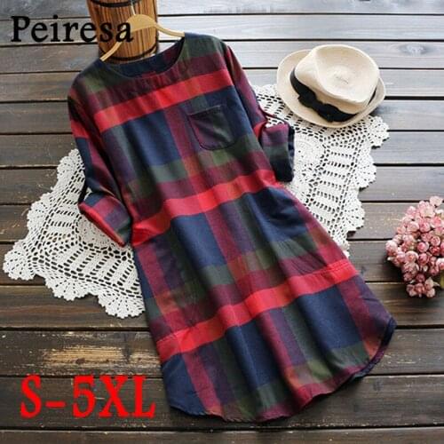 PEIRESA 2021 Spring Autumn Women Plaid Dress Casual Long Sleeve Loose Dress Women O-Neck Mini Party Dress Vestidos Hot Sale
