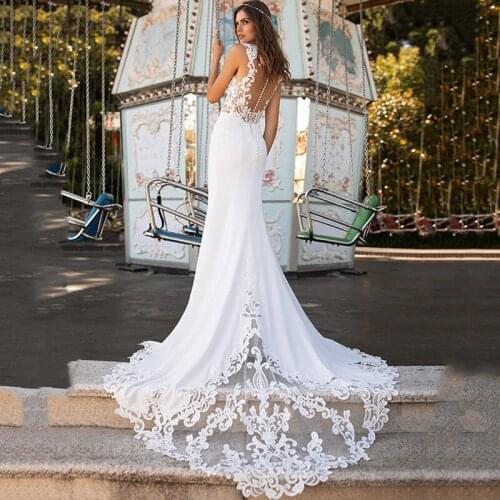 New Sexy Mermaid Wedding Dresses Lace Vestido de Noiva Sereia 2021 Applique Beach Bride Dress Vintage Wedding Gowns Sheer Back