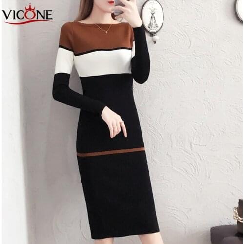 VICONE Long-Sleeved Jersey Dress Womens Spring Knitt Dress 2020 New Slim-Fit Hip All-match Mid-Length Underskirt Sweater Dress
