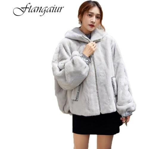 Ftangaiur 2020 Winter Import Purple Standard Velvet Mink Fur Coat Womens Short With Fur Hood Losse Natural Real Mink Fur Coats