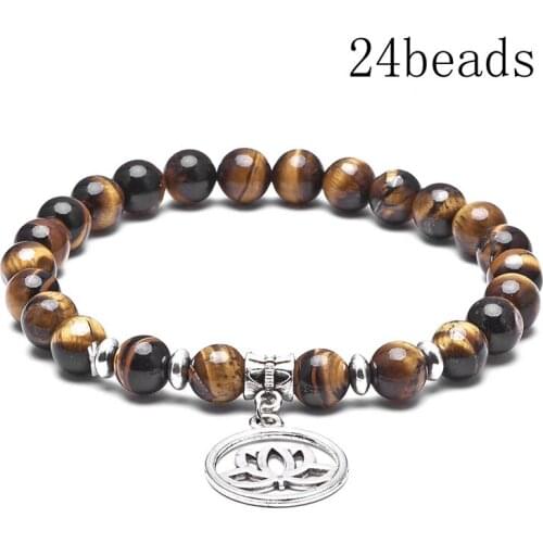 8mm Tiger Eye Natural Stone Mala Bead Yoga Bracelet Lotus OM Elastic Rope Bead Bracelet Fashion Men Women Jewelry